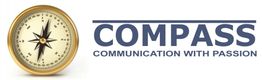 Kompass neben Text "COMPASS: COMMUNICATION WITH PASSION" in blauen Buchstaben.