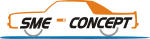 Skizze eines Autos mit Text "SME-CONCEPT" darauf, in Orange und Blau gehalten.