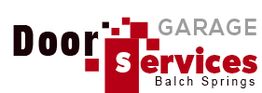 Logo for "Garage Door Services Balch Springs" with red and black text and square graphics.