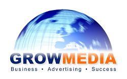Logo von GROWMEDIA mit Globus und Text: Business, Advertising, Success.