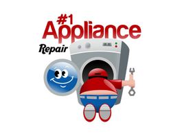 Logo for "#1 Appliance Repair" with a cartoon figure and washing machine.