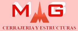 Logotipo rojo y blanco con las letras M y G. Incluye el texto: "CERRAJERIA Y ESTRUCTURAS".
