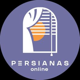 Logo de Persianas Online: ventana con cortina y sol naranja en fondo morado.