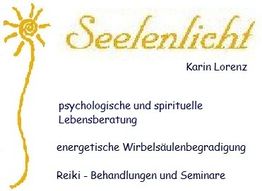 Seelenlicht-Logo mit Angeboten: Lebensberatung, Wirbelsäulenbegradigung, Reiki-Behandlungen.