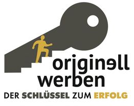 Illustration eines Schlüssels mit Treppe und Person, Text: "originell werben, Der Schlüssel zum Erfolg".