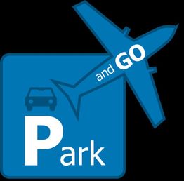 Parkplatz-Logo mit Auto und Flugzeuggrafik, Text: "Park and GO" in Blau.