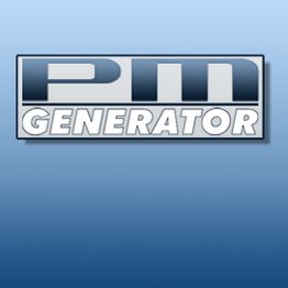 Logo mit den Buchstaben "PM" und dem Wort "Generator" auf blauem Hintergrund.