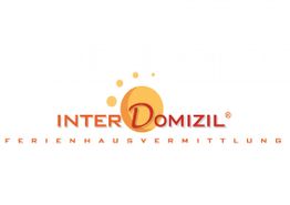 Logo von InterDomizil, Ferienhausvermittlung, mit orangefarbenem Design und Sonnensymbol.