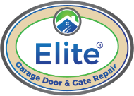 Elite Garage Door & Gate Repair logo with a mountain graphic in a blue and green oval.