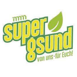 Text: "super gsund von uns für Euch!" mit grünem Blattmotiv.