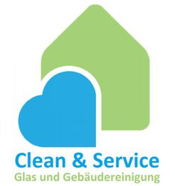 Logo mit grünem Haus und blauer Wolke; Text: Clean & Service Glas und Gebäudereinigung.