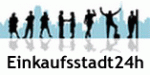 Silhouetten von Menschen vor Skyline, darunter der Text "Einkaufsstadt24h".
