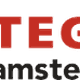 Logo met tekst "TEGEL amsterdam" en abstract tegelpatroon in rood, zwart en grijs.