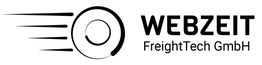 Logo von Webzeit FreightTech GmbH mit abstraktem, dynamischem Symbol auf der linken Seite.