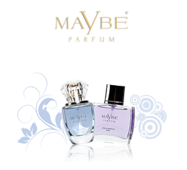 Zwei Parfümflaschen von "Maybe Parfum" mit blauen Verzierungen und Schriftzug oben.