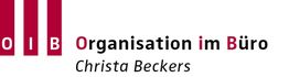 OIB-Logo mit Text: "Organisation im Büro, Christa Beckers" in Rot und Schwarz.