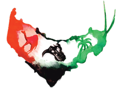 Landkarte der VAE in Nationalfarben mit Antilope, Palme und Stier.