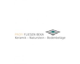 Logo von Profi Fliesen Beka mit Text "Keramik - Naturstein - Bodenbeläge" und Fliesenmotiv.