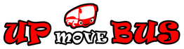 Logo com texto "UP move BUS" estilizado e desenho de um ônibus vermelho.