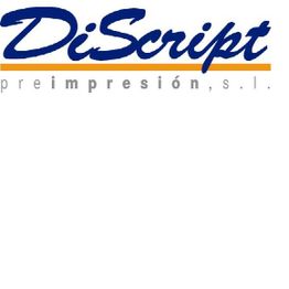Logotipo azul y naranja de "DiScript preimpresión, s.l." en fondo blanco.
