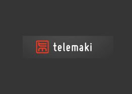 Logo de "telemaki" en fondo gris oscuro con símbolo rojo a la izquierda.