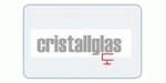 Text "cristallglas" auf transparentem Hintergrund mit rotem Glassymbol darunter.