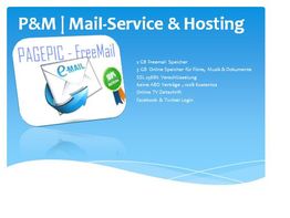 Blaues P&M Banner; Mail-Service & Hosting. Enthält Details zu Speicher und Verschlüsselung.