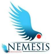 Logo con un'aquila blu sopra la scritta "Nemesis" e una piccola scritta "Meditazione" in basso.