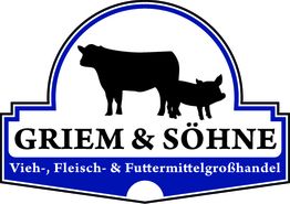 Logo mit Kuh und Schwein, Text: GRIEM & SÖHNE, Vieh-, Fleisch- & Futtermittelgroßhandel.
