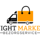 Vrachtwagen en verhuisdozen, zwart-oranje ontwerp boven bedrijfsnaam.