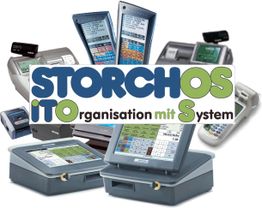 StorchOS-Logo über verschiedenen Registrierkassen und Zahlungsterminals, mit dem Slogan.