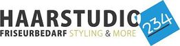 Logo: "Haarstudio 234" mit Text "Friseurbedarf Styling & More" in Schwarz und Blau.