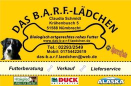 Gelbe Visitenkarte von "Das B.A.R.F.-Lädchen" mit Kontaktdaten, Hund und Logos unten.