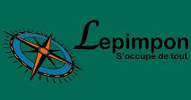 Logo avec une boussole, texte "Lepimpon, S'occupe de tout" sur fond vert.