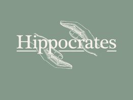 Texte "Hippocrates" avec deux mains esquissées se touchant sur fond vert.