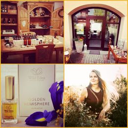 Vier Bilder: Parfümausstellung, Ladenfront, Parfümflasche "Golden Hemisphere", Frau im Freien.