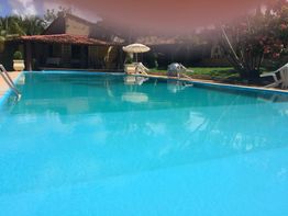 Piscina externa com espreguiçadeiras e jardim ao fundo em um dia ensolarado.