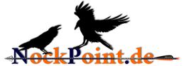 Silhouetten von zwei Raben und einem Pfeil, Text: NockPoint.de.