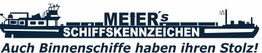 Schiffszeichnung mit Text: "Meier's Schiffskennzeichen. Auch Binnenschiffe haben ihren Stolz!"