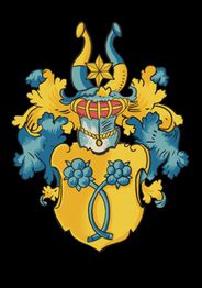 Wappen mit gelbem Schild und blauen Blumen, verziert mit blau-goldenen Helmelementen auf Schwarz.