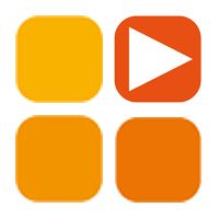 Vier orangefarbene Quadrate, das rechte obere mit weißem Dreieck.