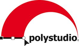 Logo mit rotem Bogen, schwarzen Text "polystudio" und grafischen Elementen darunter.