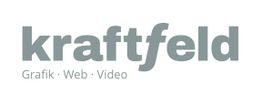 Logo mit dem Schriftzug "kraftfeld" und den Begriffen "Grafik · Web · Video" darunter.