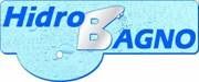 Logo con testo "Hidro Bagno" in blu su sfondo azzurro con effetto acqua.