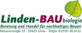 Linden-BAU Biologie Logo mit Blattmotiv, Adresse und Telefon: Beratung für nachhaltiges Bauen.