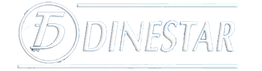 Logotipo de Dinestar con fondo azul y letras blancas enmarcadas en un círculo metálico.