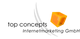 Logo: "top concepts Internetmarketing GmbH" mit einem gelben Würfel und geschwungenen Linien.