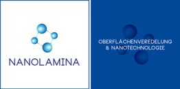 Logo von Nanolamina mit dem Text "Oberflächenveredelung & Nanotechnologie", blaue Moleküle.