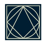 Abstrakte geometrische Form mit Linien, Dreiecken und Kreisen in einem Quadrat.