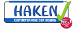 Textlogo: "HAKEN" mit grünem Haken und rotem Kreis "Nr.1". Slogan: "Kulturtermine der Region".